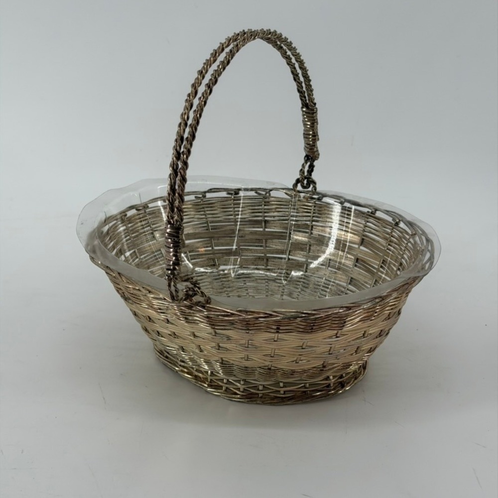 Vintage Silver Tone Woven Wire Oval Basket with Swing Handle and Liner